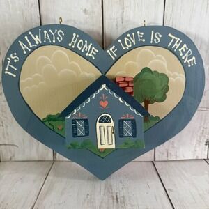 Vintage Folk Art Wood Heart Blue 3D Wall Plaque Its Always Home If Love Is There
